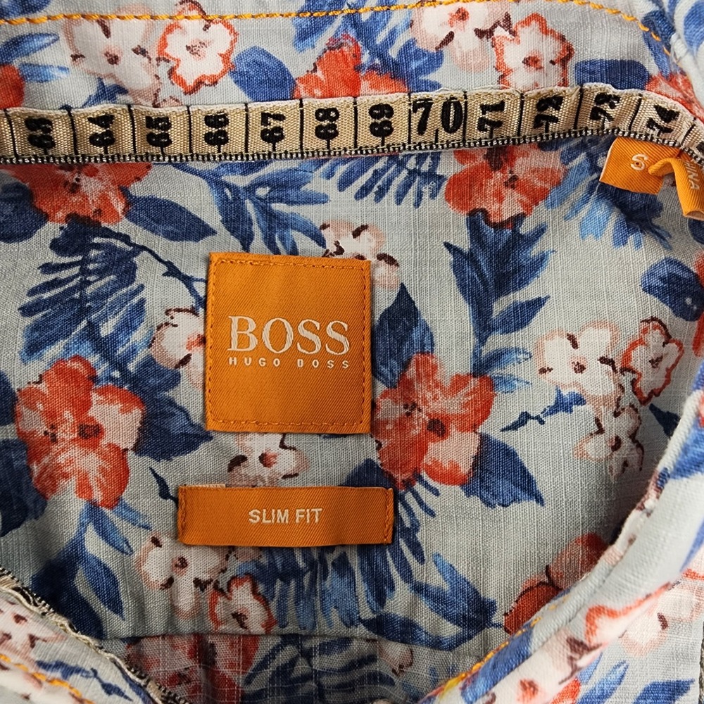 Hugo Boss Orange small Shirt Mens Floral Tropical Palm Print Blue Cotton - Picture 3 of 11